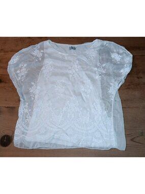 Angela Moda Top Women M White Sheer Lined Floral Embroidered Silk Blend Flowy